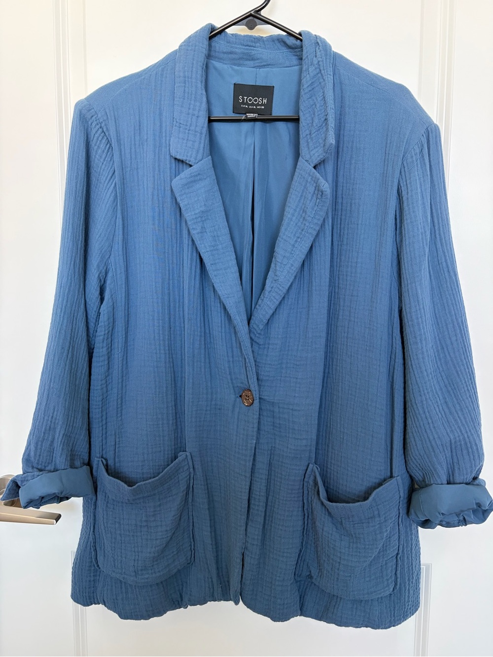 Stoosh Dusty Blue Textured Cotton-Blend Blazer Jacket